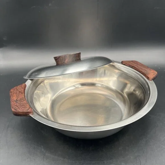 MCM 18/8 Stainless Serving Bowl with Lid Teak Handles Made In Denmark 8.5” - Picture 2 of 14